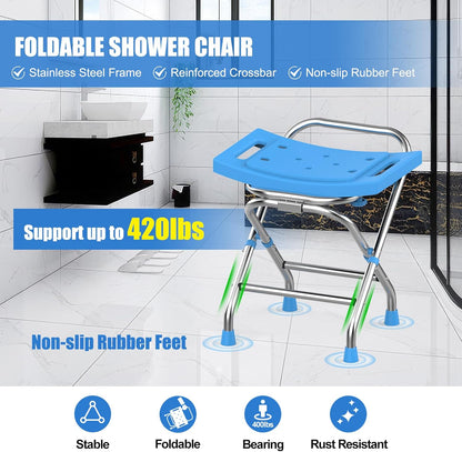 Height Adjustable Folding Shower Chair Seat, Stainless Steel Shower Chair for Inside Shower w/Crossbar, 420LB Portable Travel Shower Stool, Safety Anti-slip Bath Chair for Seniors, Adults,Blue