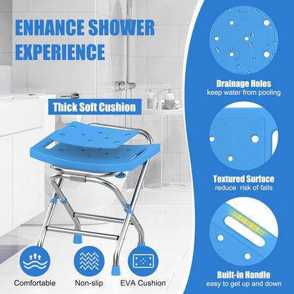 Height Adjustable Folding Shower Chair Seat, Stainless Steel Shower Chair for Inside Shower w/Crossbar, 420LB Portable Travel Shower Stool, Safety Anti-slip Bath Chair for Seniors, Adults,Blue
