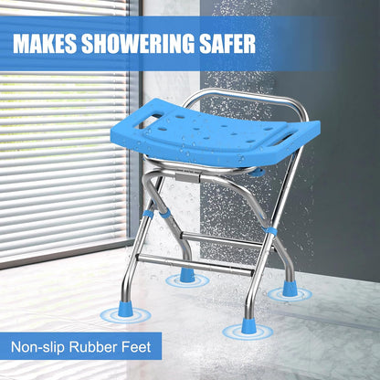Height Adjustable Folding Shower Chair Seat, Stainless Steel Shower Chair for Inside Shower w/Crossbar, 420LB Portable Travel Shower Stool, Safety Anti-slip Bath Chair for Seniors, Adults,Blue