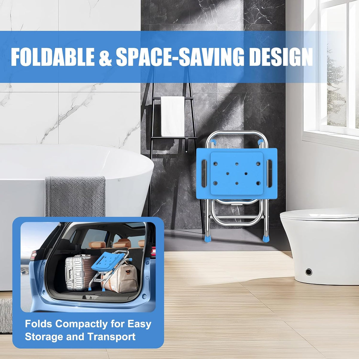 Height Adjustable Folding Shower Chair Seat, Stainless Steel Shower Chair for Inside Shower w/Crossbar, 420LB Portable Travel Shower Stool, Safety Anti-slip Bath Chair for Seniors, Adults,Blue