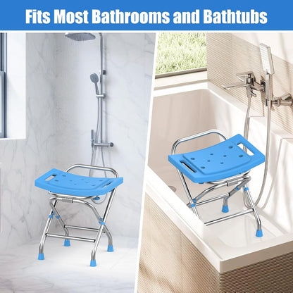 Height Adjustable Folding Shower Chair Seat, Stainless Steel Shower Chair for Inside Shower w/Crossbar, 420LB Portable Travel Shower Stool, Safety Anti-slip Bath Chair for Seniors, Adults,Blue