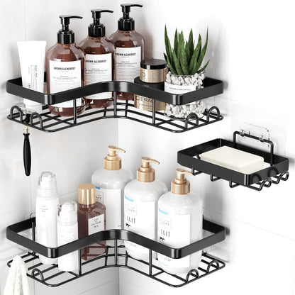 Corner Shower Caddy, Large, Soap Holder & Hooks, Black