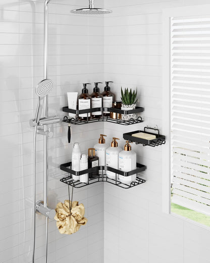 Corner Shower Caddy, Large, Soap Holder & Hooks, Black