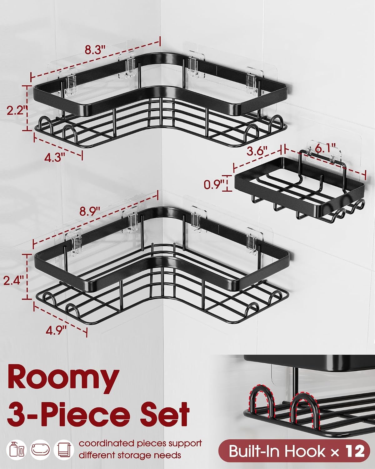 Corner Shower Caddy, Large, Soap Holder & Hooks, Black
