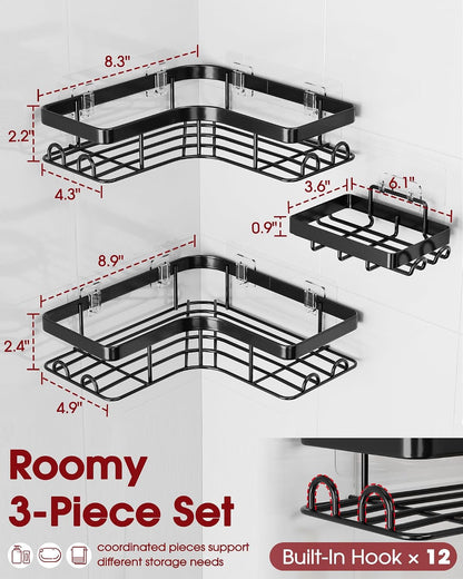 Corner Shower Caddy, Large, Soap Holder & Hooks, Black