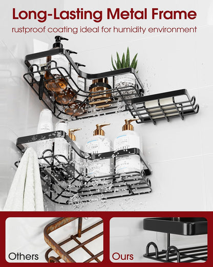 Corner Shower Caddy, Large, Soap Holder & Hooks, Black