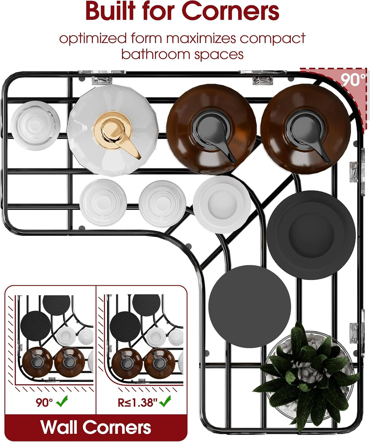 Corner Shower Caddy, Large, Soap Holder & Hooks, Black