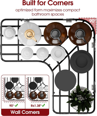Corner Shower Caddy, Large, Soap Holder & Hooks, Black