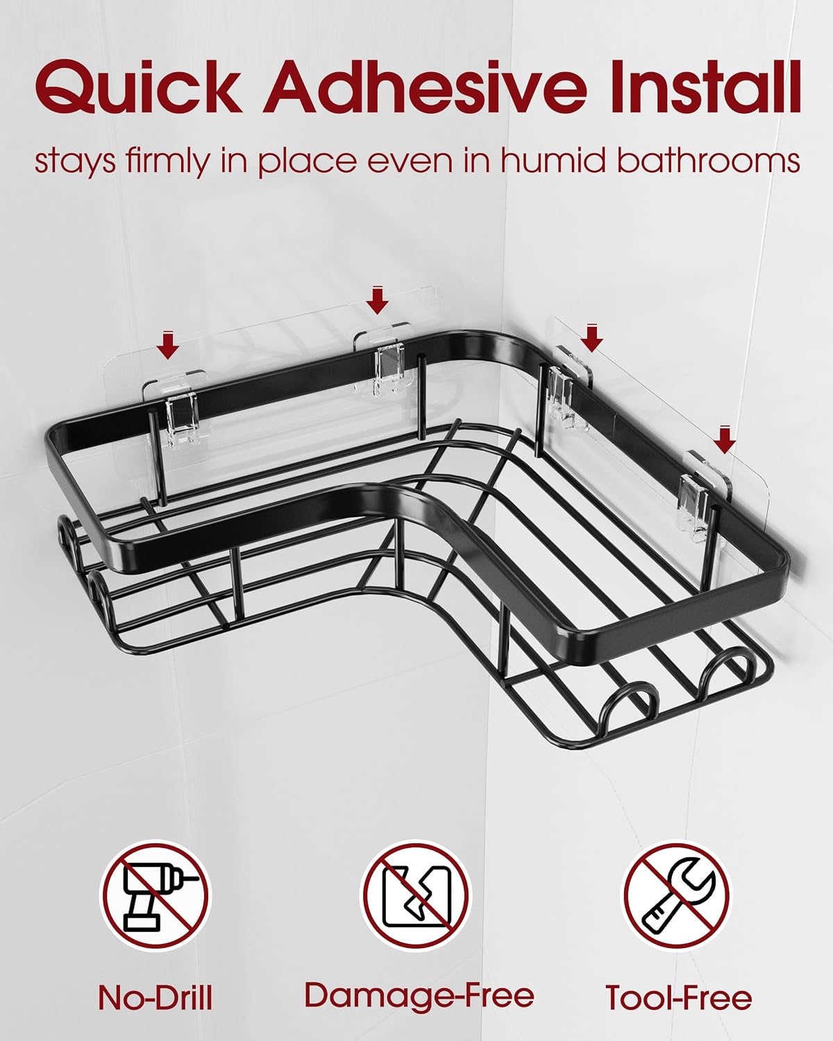 Corner Shower Caddy, Large, Soap Holder & Hooks, Black