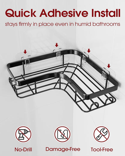 Corner Shower Caddy, Large, Soap Holder & Hooks, Black