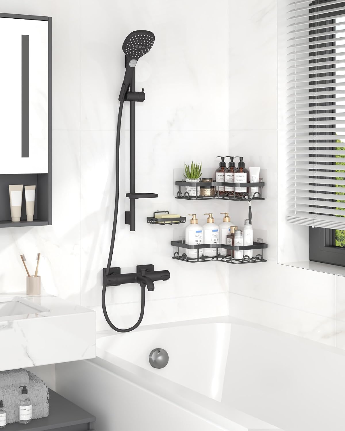 Corner Shower Caddy, Large, Soap Holder & Hooks, Black