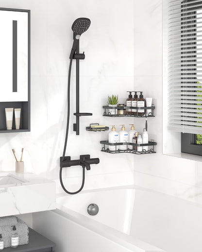 Corner Shower Caddy, Large, Soap Holder & Hooks, Black
