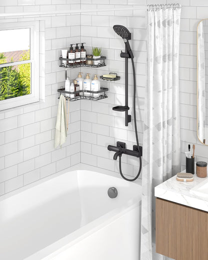 Corner Shower Caddy, Large, Soap Holder & Hooks, Black