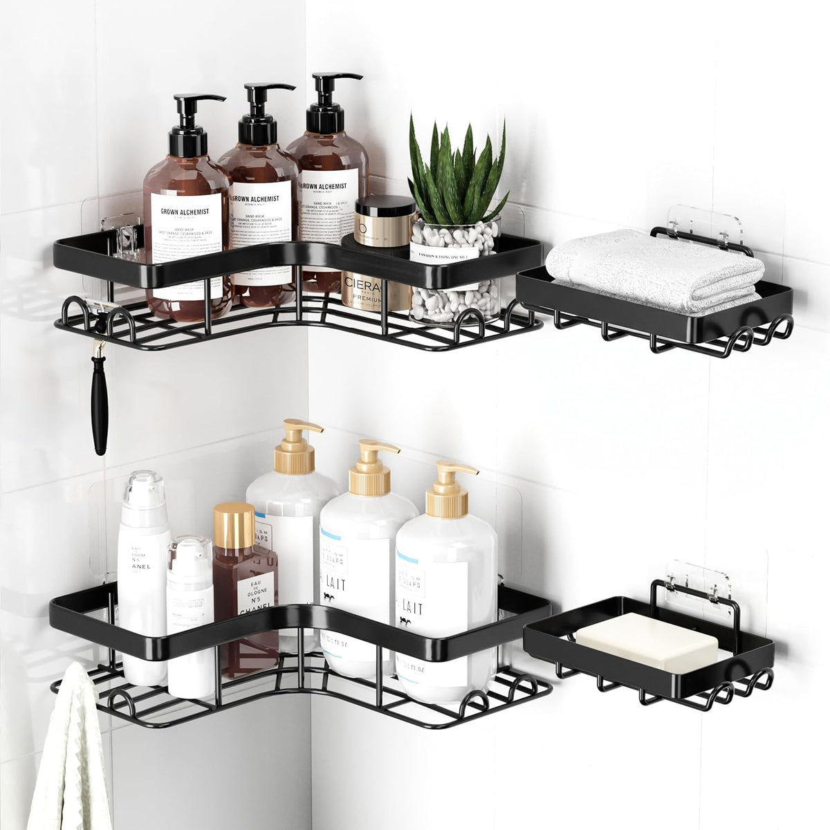 Corner Shower Caddy, Large, Soap Holder & Hooks, Black