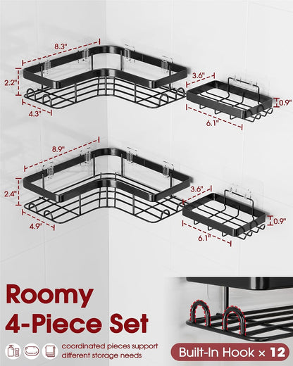 Corner Shower Caddy, Large, Soap Holder & Hooks, Black