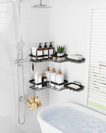 Corner Shower Caddy, Large, Soap Holder & Hooks, Black