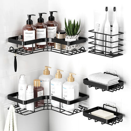 Corner Shower Caddy, Large, Soap Holder & Hooks, Black