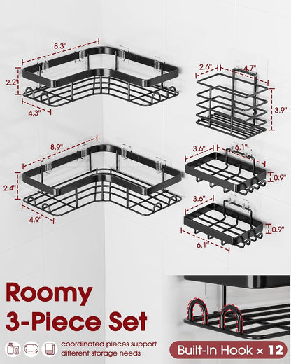 Corner Shower Caddy, Large, Soap Holder & Hooks, Black