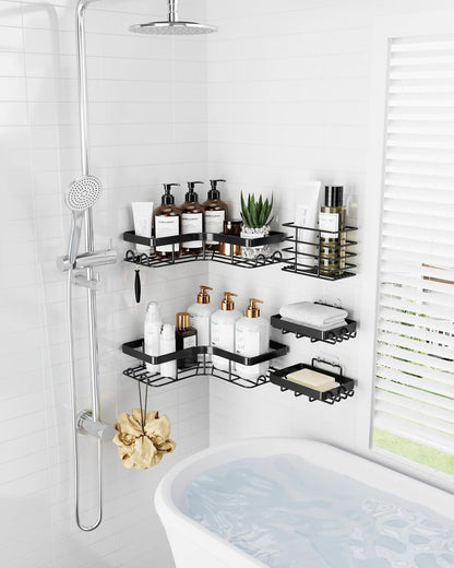 Corner Shower Caddy, Large, Soap Holder & Hooks, Black