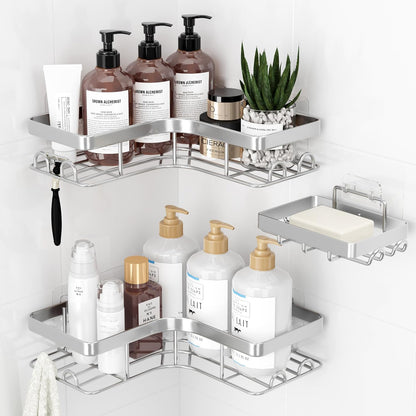 Corner Shower Caddy, Large, Soap Holder & Hooks, Black
