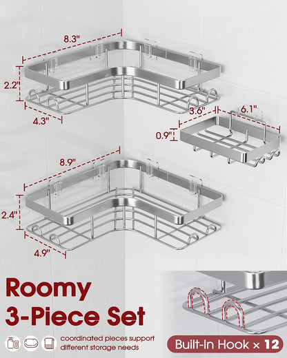 Corner Shower Caddy, Large, Soap Holder & Hooks, Black