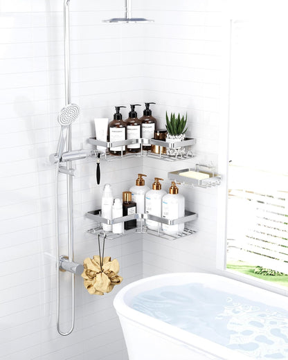 Corner Shower Caddy, Large, Soap Holder & Hooks, Black