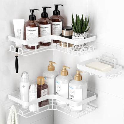 Corner Shower Caddy, Large, Soap Holder & Hooks, Black
