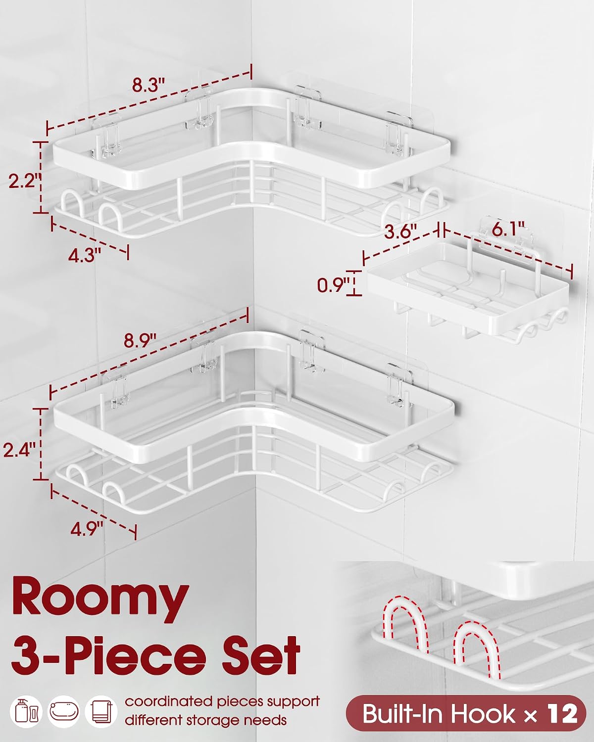 Corner Shower Caddy, Large, Soap Holder & Hooks, Black