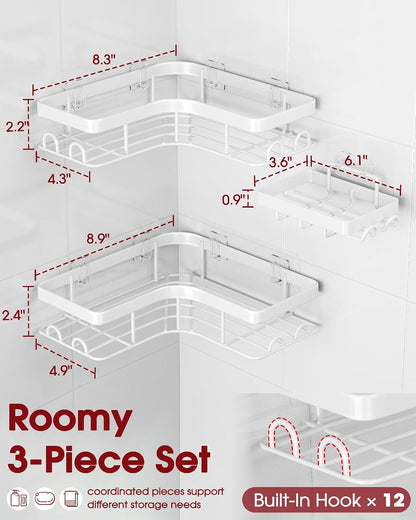 Corner Shower Caddy, Large, Soap Holder & Hooks, Black
