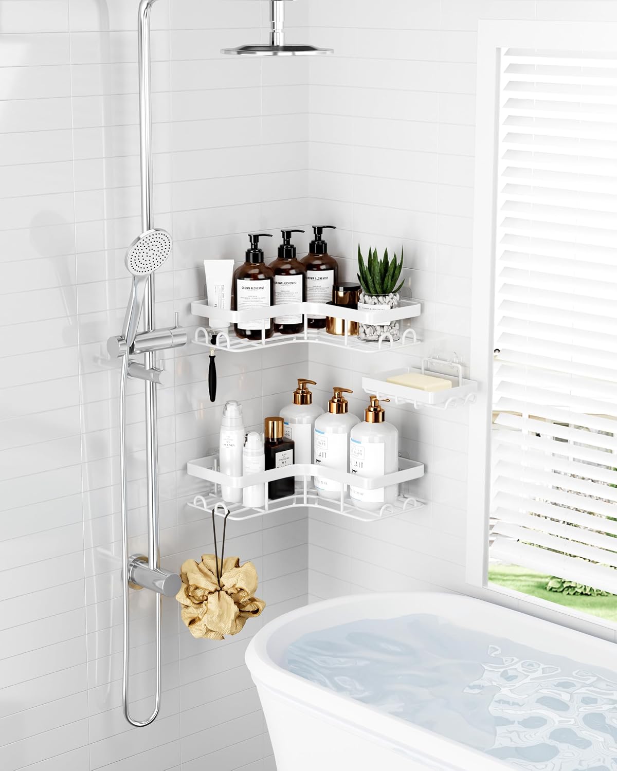 Corner Shower Caddy, Large, Soap Holder & Hooks, Black