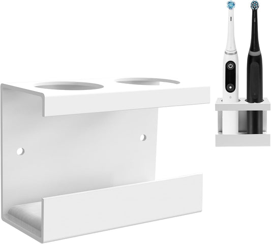 Wall Mount Electric Toothbrush Holder for Bathroom, 2 Slots Aluminum Alloy Hanger, Self Adhesive Organizer Compatible with Oral-B iO Series (White)
