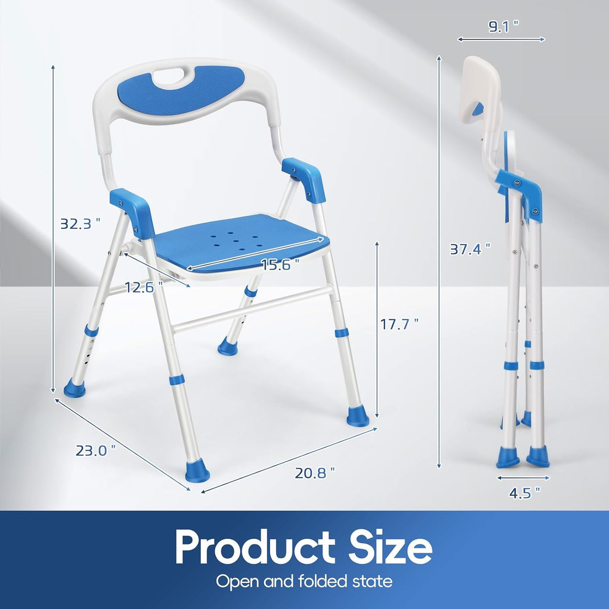 Adjustable Height Foldable Shower Chair with Back Stands Upright