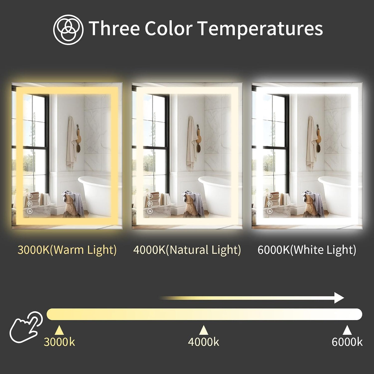 48x36 LED Bathroom Mirror with Light, Anti-Fog, 3 Colors - Colors B