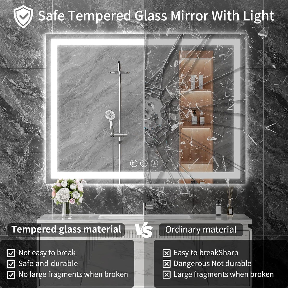 48x36 LED Bathroom Mirror with Light, Anti-Fog, 3 Colors - Colors B