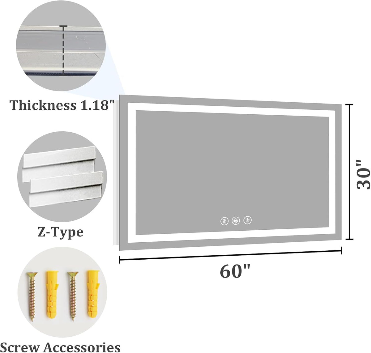48x36 LED Bathroom Mirror with Light, Anti-Fog, 3 Colors - Colors B