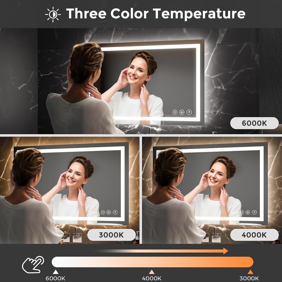 48x36 LED Bathroom Mirror with Light, Anti-Fog, 3 Colors - Colors B