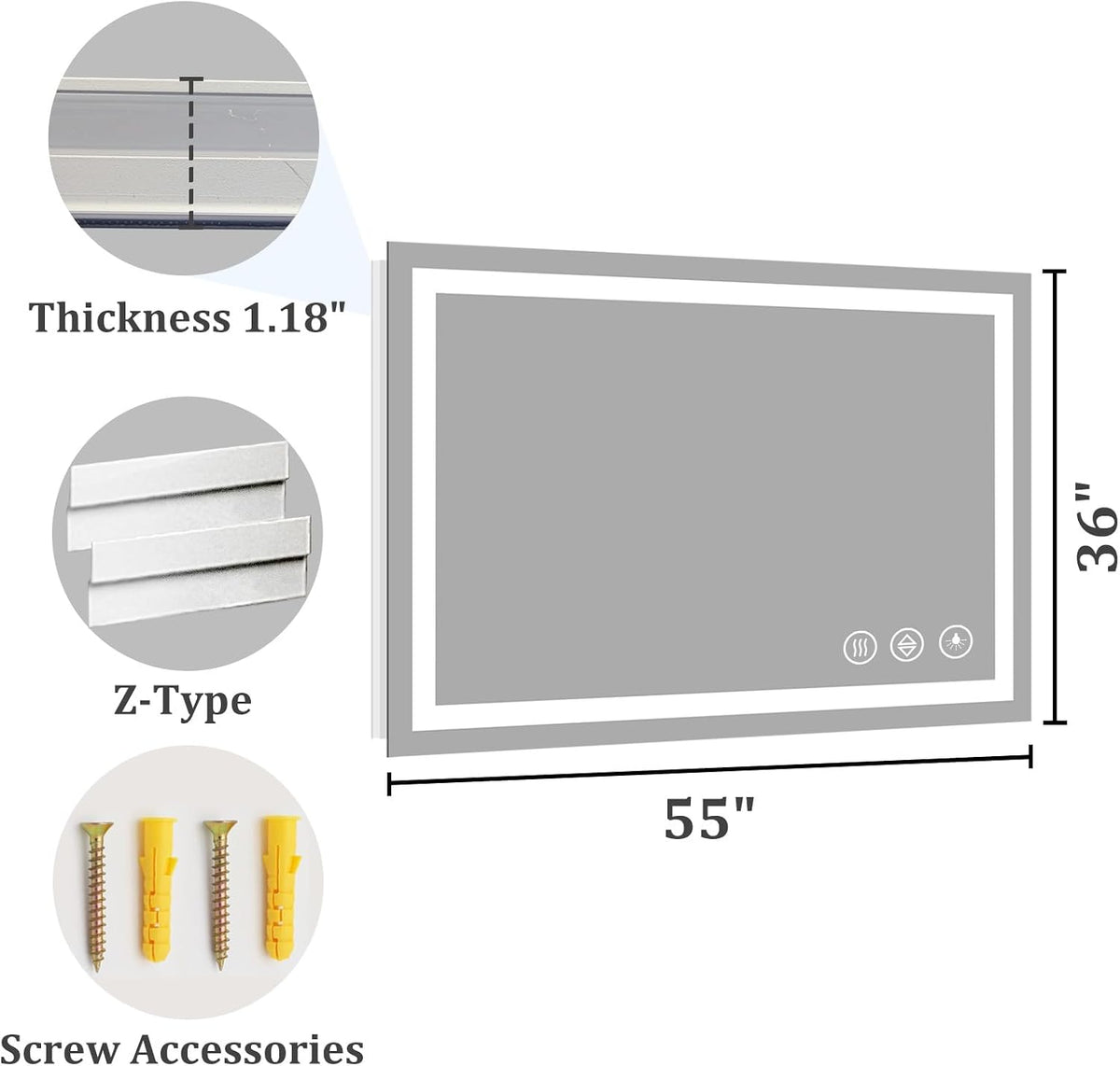 48x36 LED Bathroom Mirror with Light, Anti-Fog, 3 Colors - Colors B
