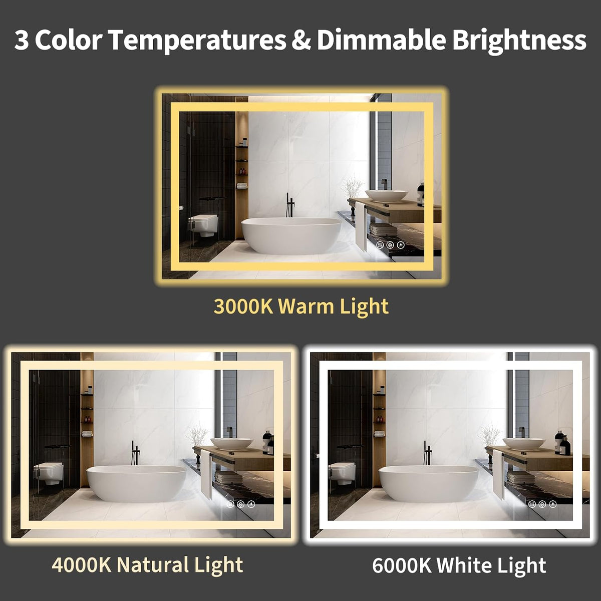 48x36 LED Bathroom Mirror with Light, Anti-Fog, 3 Colors - Colors B
