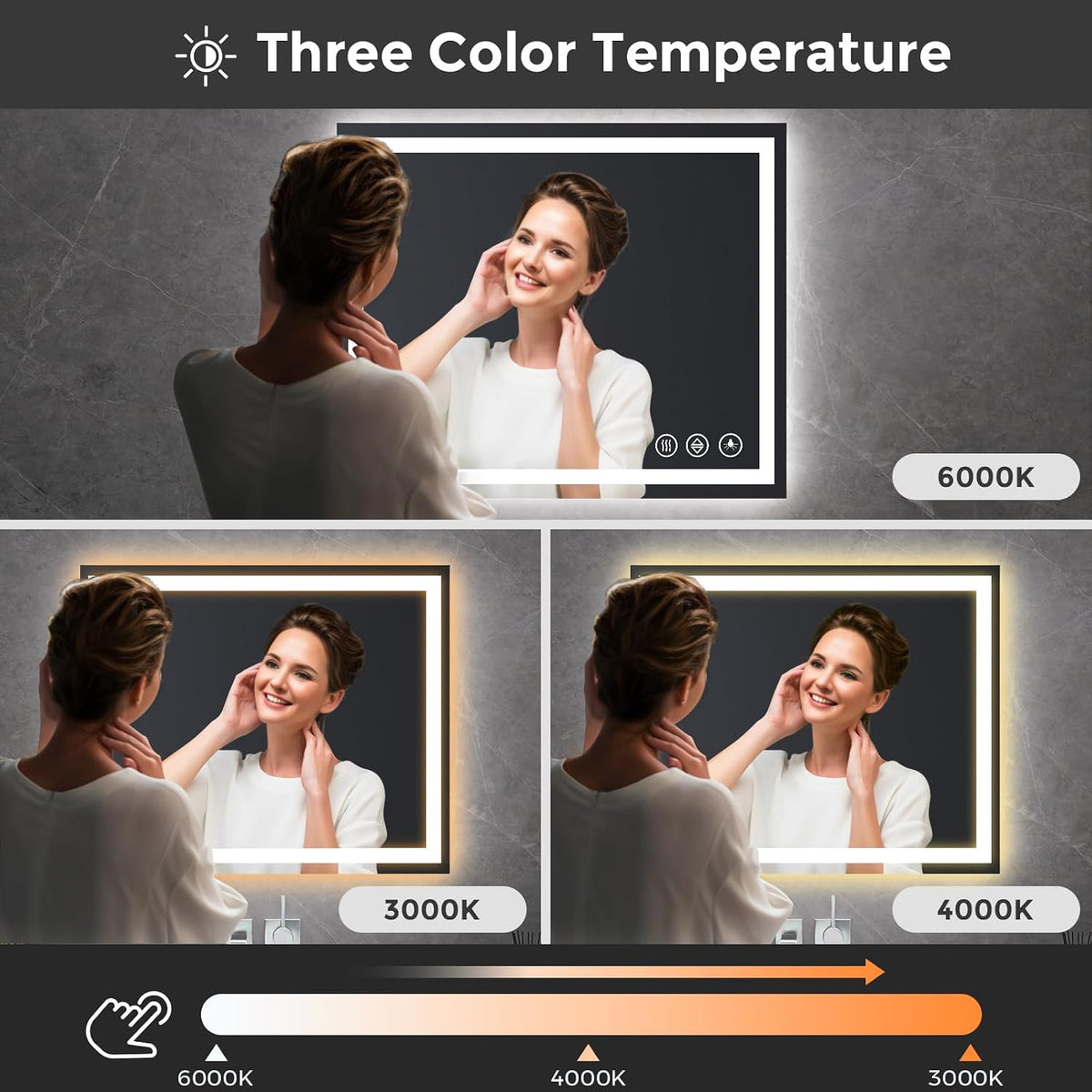 48x36 LED Bathroom Mirror with Light, Anti-Fog, 3 Colors - Colors B