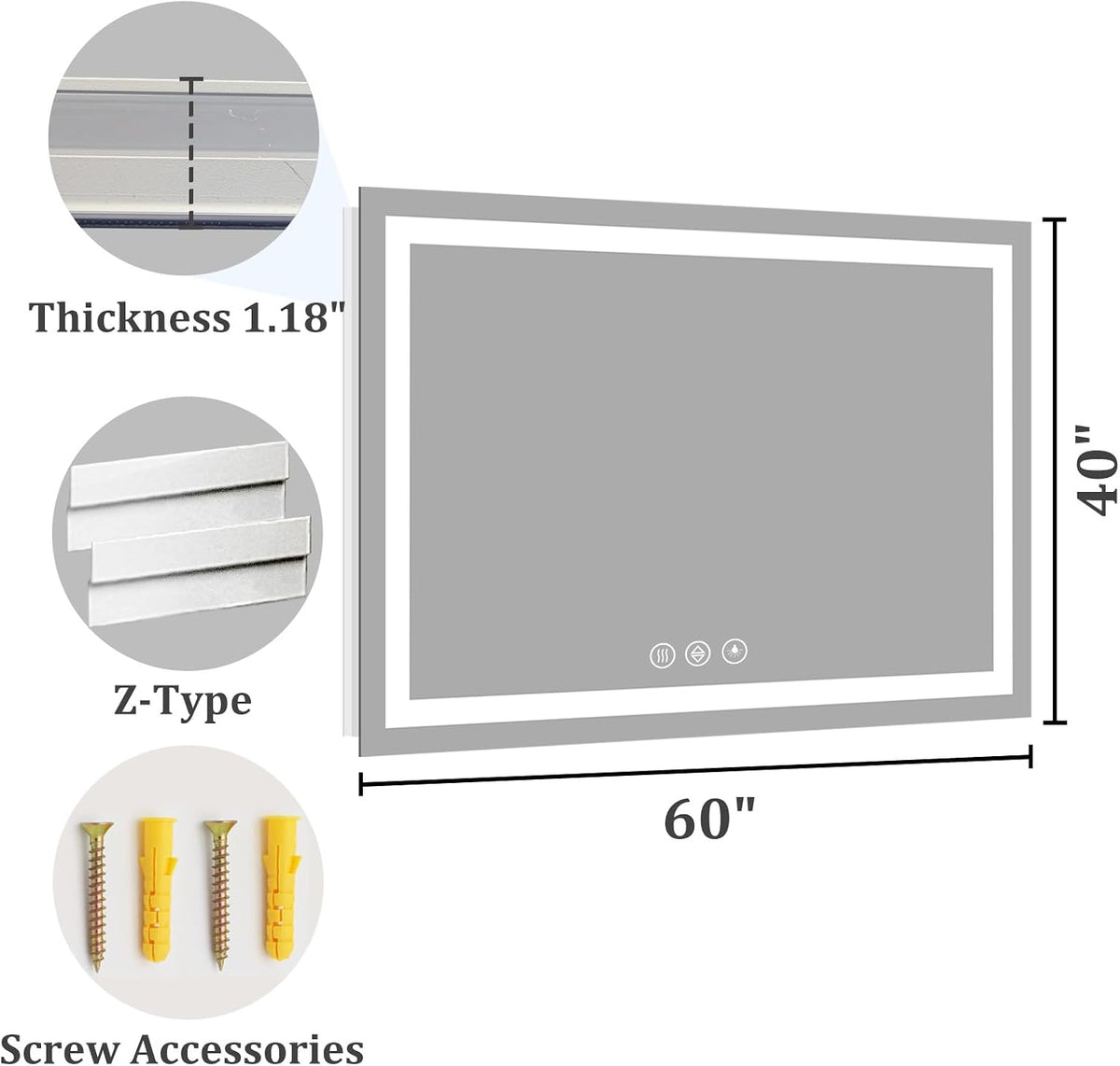 48x36 LED Bathroom Mirror with Light, Anti-Fog, 3 Colors - Colors B