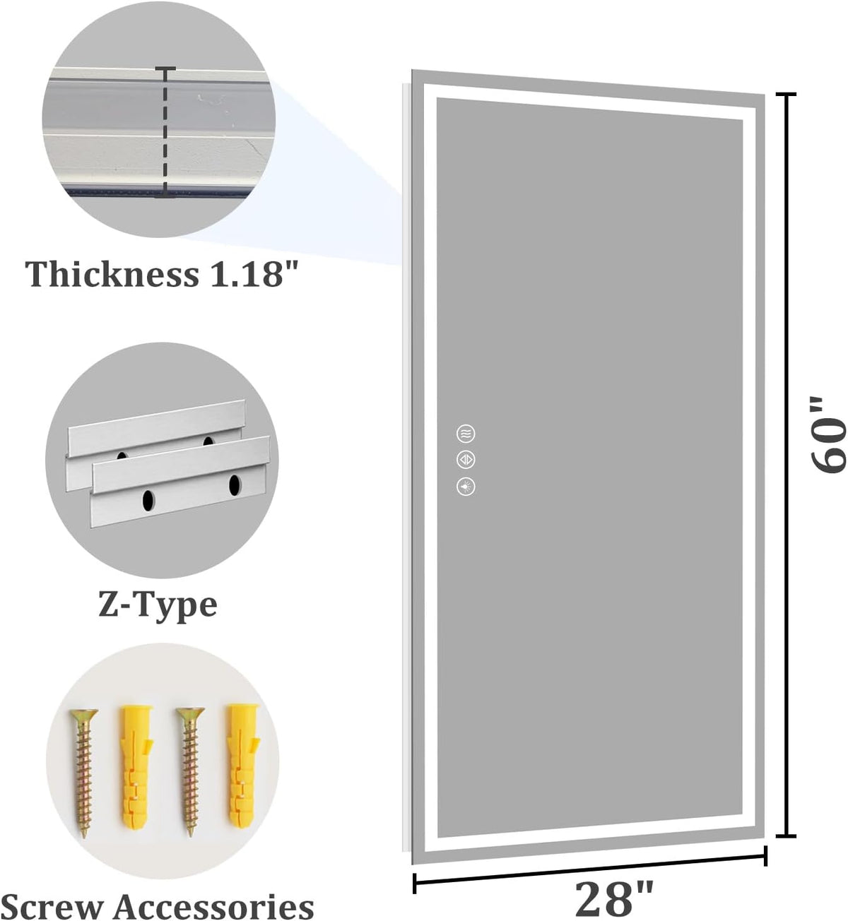 48x36 LED Bathroom Mirror with Light, Anti-Fog, 3 Colors - Colors B