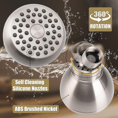 High Pressure Shower Head 3 Inches Anti-clog Anti-leak Fixed Showerhead Chrome with Adjustable Swivel Brass Ball Joint for Relaxing and Comfortable Shower Experience | 360 Rotatable Design, Self Cleaning Silicone Nozzles, Adjustable Swivel Brass Ball