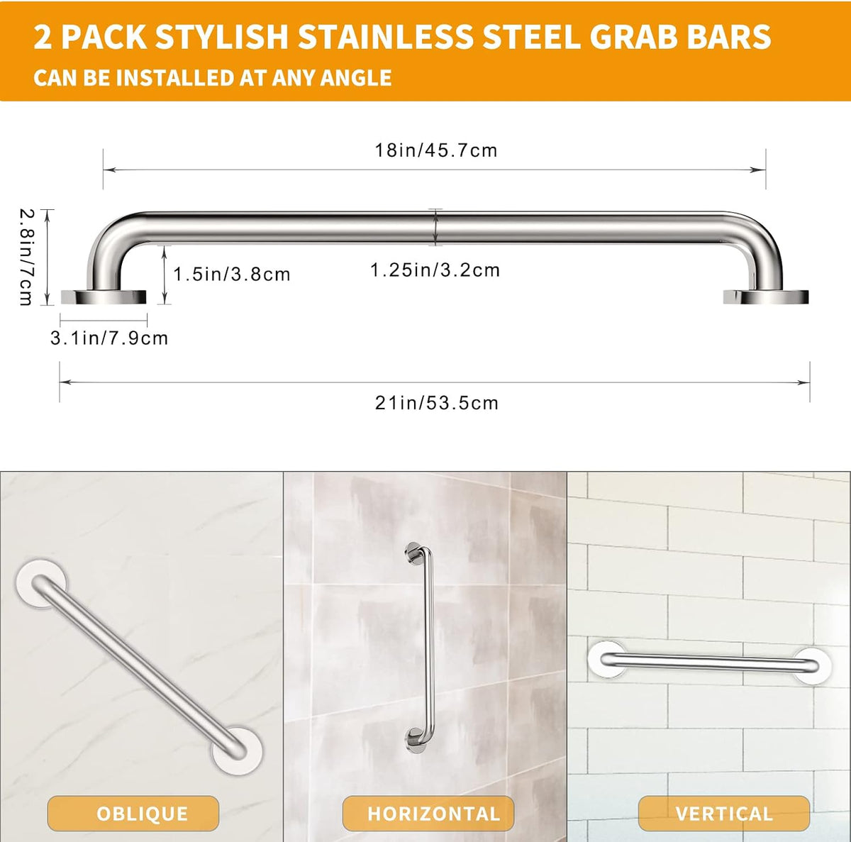 18 Inch Knurled Shower Grab Bar, Brushed Nickel, 2 Pack | 304 Stainless Steel, ADA 500lbs Support, Non-Slip Knurled Grip, Concealed Screws, Rustproof Handrail
