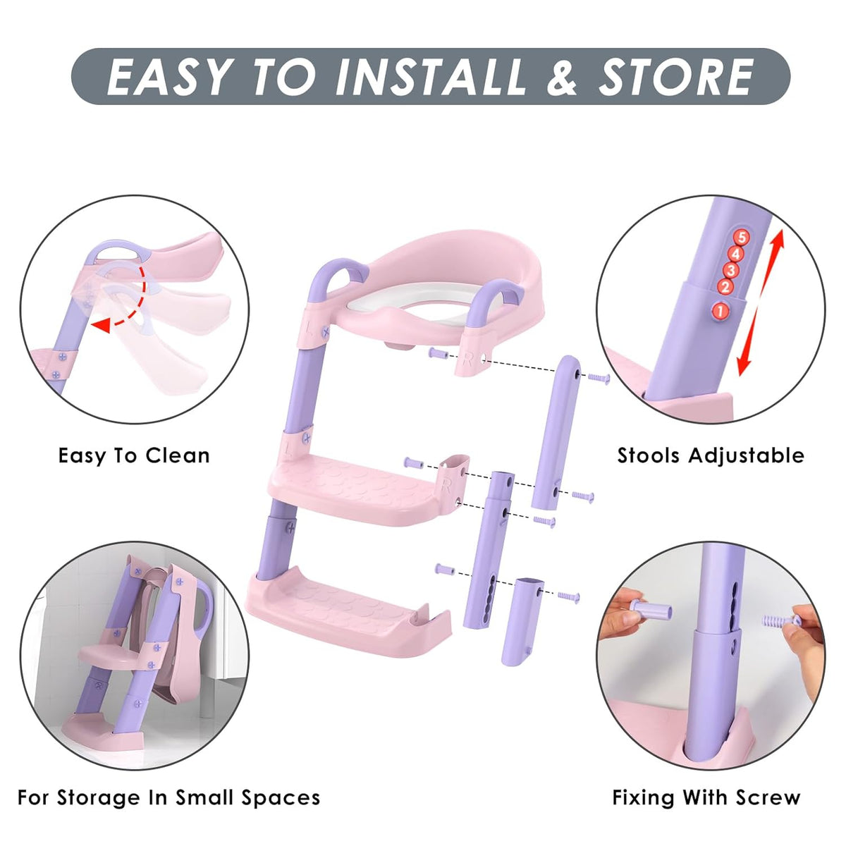 Potty Training Seat with Step Stool Ladder, Toddler Potty Training Toilet for Boys Kids, Potty Chair Adjustable Potty Seat for Toilet with Anti-Slip Wide Steps Splash Guard Safety Handles