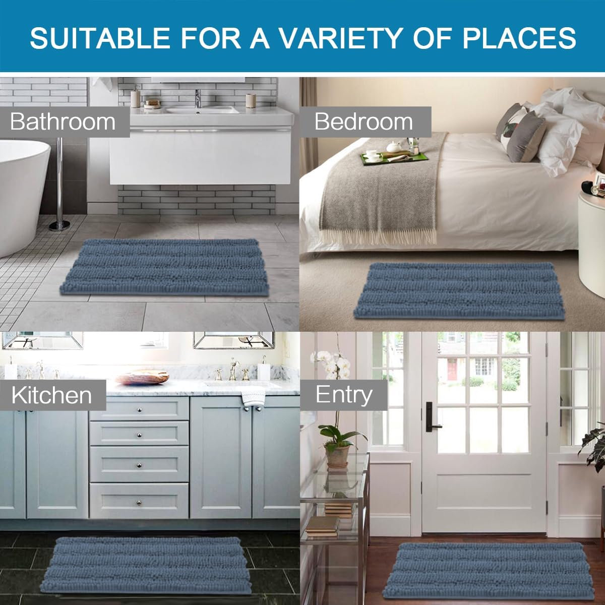 Sage Bathroom Rugs, Bath Mat Set of 2 Extra Thick Chenille Striped Pattern Shaggy Bath Rugs for Bath Room, Non Skid Bath Mats for Bathroom Floor (32 x 20 Plus 24 x 17 - Inches) - Colors B