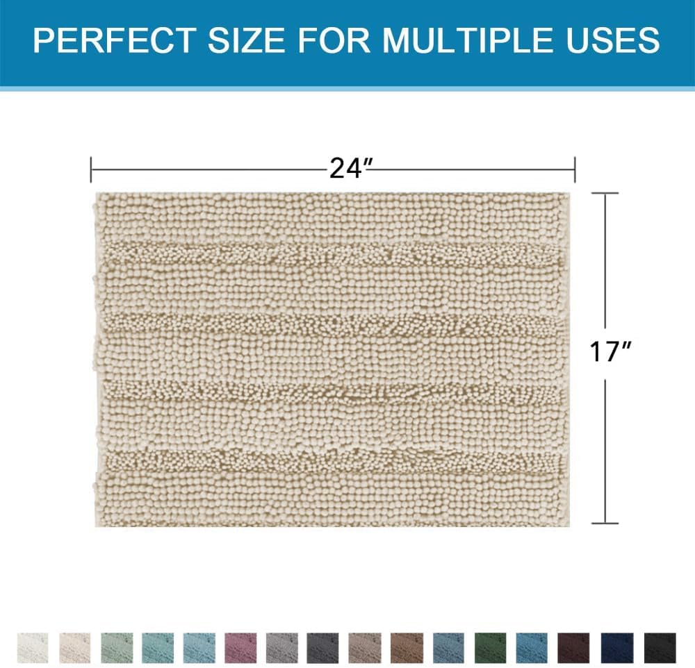 Sage Bathroom Rugs, Bath Mat Set of 2 Extra Thick Chenille Striped Pattern Shaggy Bath Rugs for Bath Room, Non Skid Bath Mats for Bathroom Floor (32 x 20 Plus 24 x 17 - Inches) - Colors B