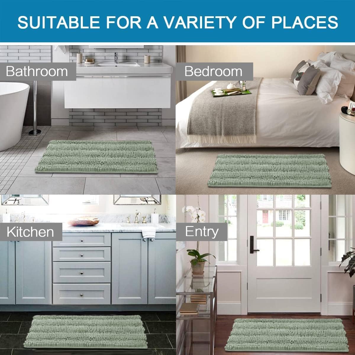 Sage Bathroom Rugs, Bath Mat Set of 2 Extra Thick Chenille Striped Pattern Shaggy Bath Rugs for Bath Room, Non Skid Bath Mats for Bathroom Floor (32 x 20 Plus 24 x 17 - Inches) - Colors B