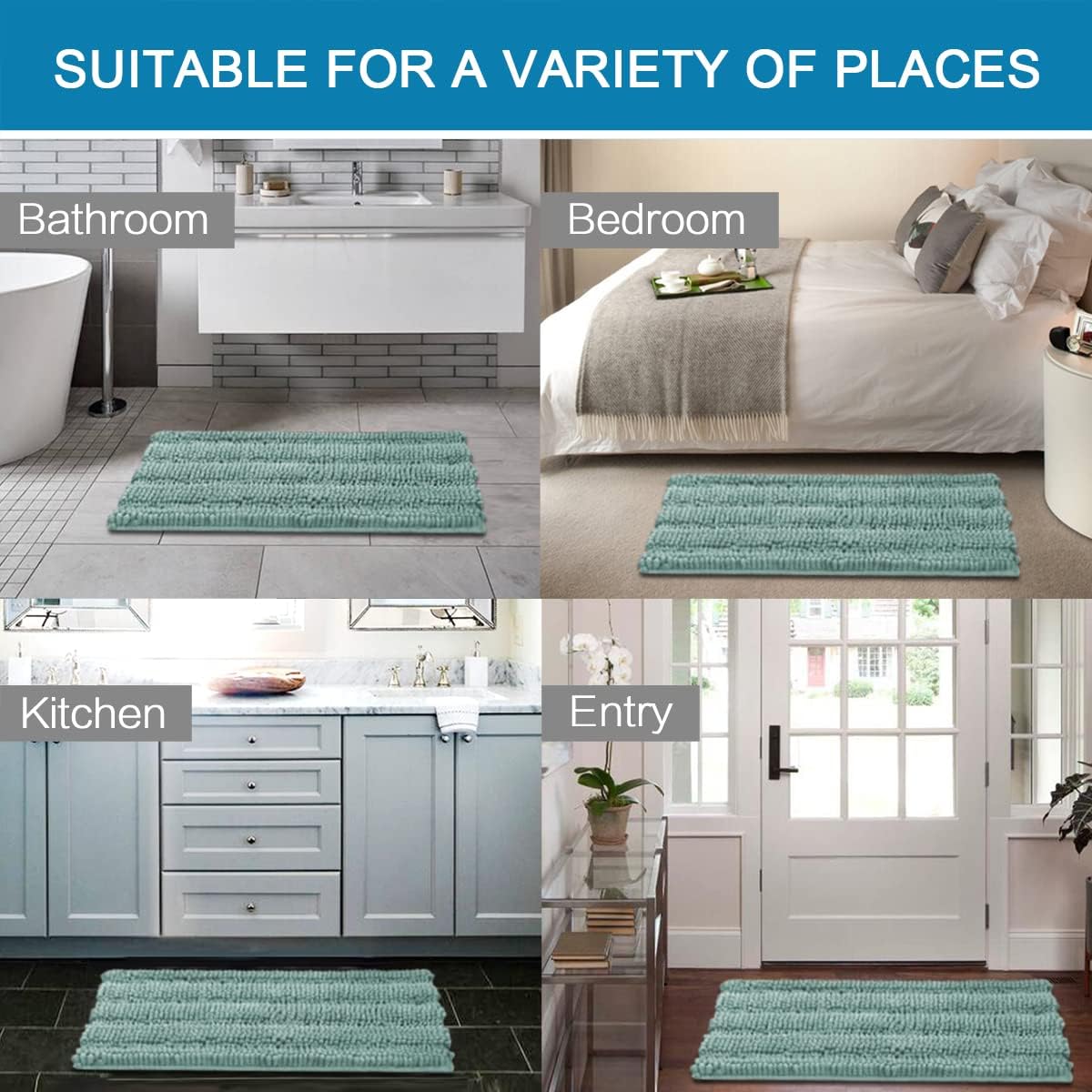 Sage Bathroom Rugs, Bath Mat Set of 2 Extra Thick Chenille Striped Pattern Shaggy Bath Rugs for Bath Room, Non Skid Bath Mats for Bathroom Floor (32 x 20 Plus 24 x 17 - Inches) - Colors B