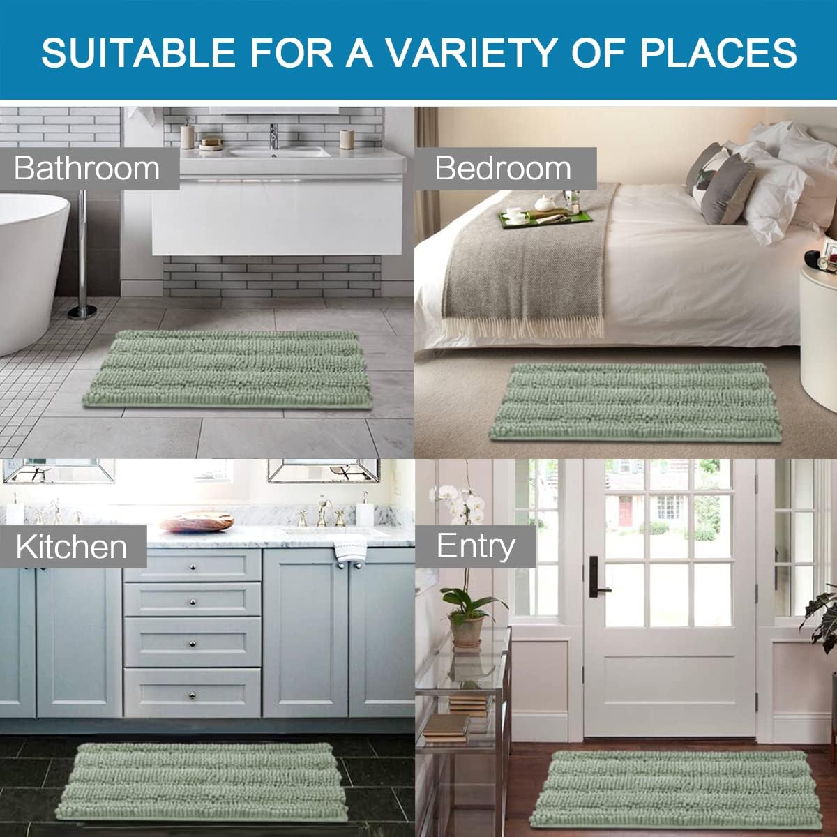 Sage Bathroom Rugs, Bath Mat Set of 2 Extra Thick Chenille Striped Pattern Shaggy Bath Rugs for Bath Room, Non Skid Bath Mats for Bathroom Floor (32 x 20 Plus 24 x 17 - Inches) - Colors B