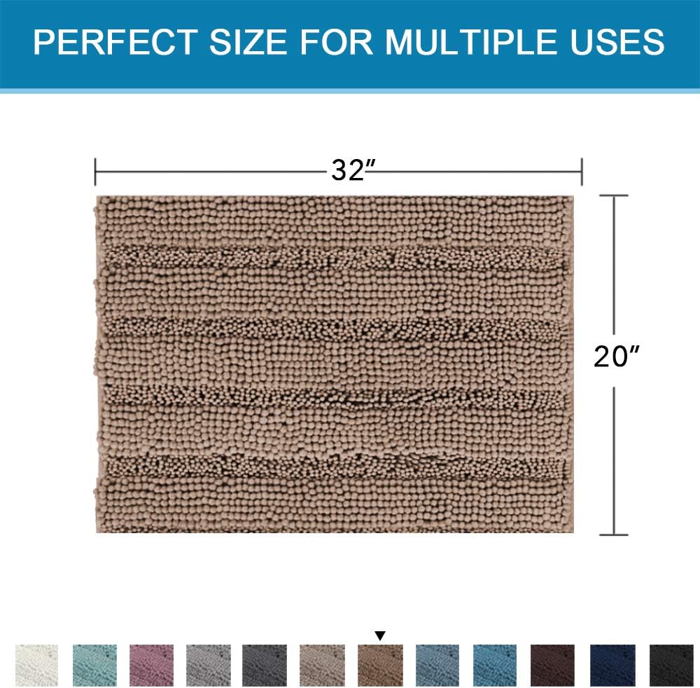 Sage Bathroom Rugs, Bath Mat Set of 2 Extra Thick Chenille Striped Pattern Shaggy Bath Rugs for Bath Room, Non Skid Bath Mats for Bathroom Floor (32 x 20 Plus 24 x 17 - Inches) - Colors B